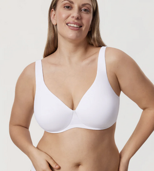 Side angle of full cup t shirt bra showing smooth cups and adjustable straps in white - MissFine