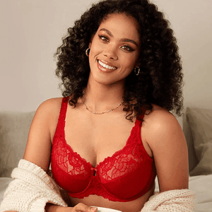 Front view of blue full cup underwired bra with floral lace detail - MissFine