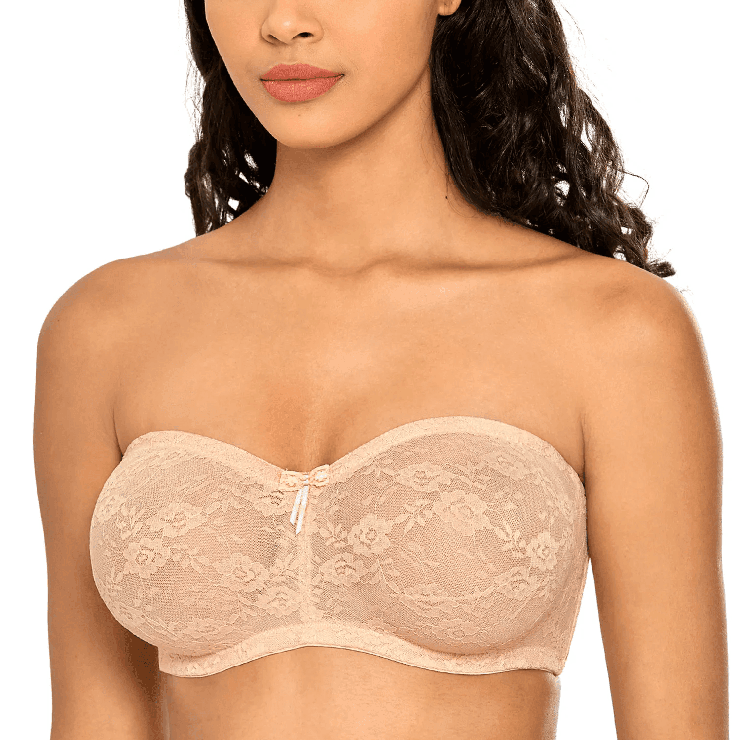 Front view of nude lace strapless bra showing sweetheart neckline and padded cups - MissFine