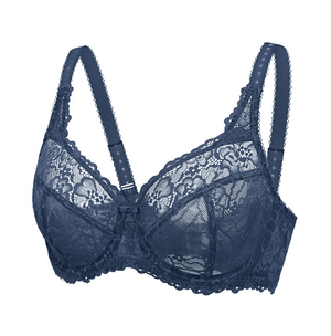 Side angle showing adjustable straps and full coverage lace cups on blue bra - MissFine