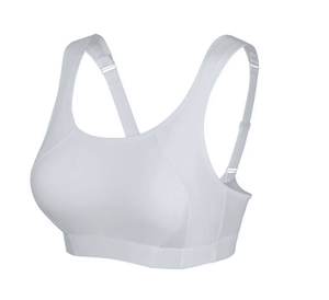 Close-up of pull-on sports bra band and molded cup shaping in neutral yellow fabric - MissFine