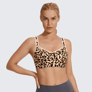 Front view of leopard print full coverage sports bra with padded molded cups - MissFine