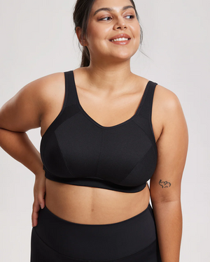 Front view of black full cup minimiser sports bra with wide straps and seamless cups - MissFine