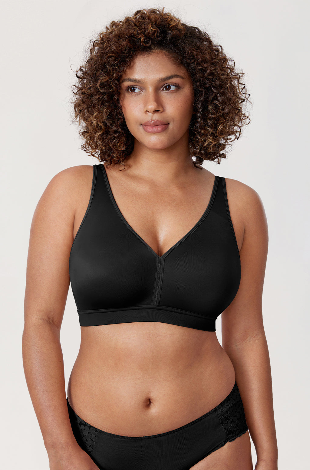 Front view of black plus size bra showing V-neckline and full coverage cups - MissFine