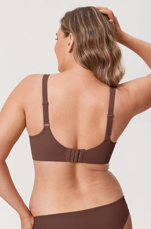 Close-up of seamless molded cup and neckline trim on taupe minimiser bra - MissFine
