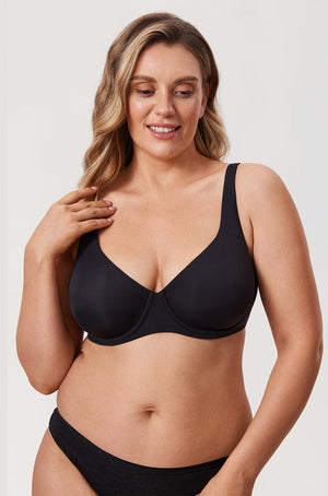 Back view of black full coverage bra with wide band and multi-row hook-and-eye fastening - MissFine