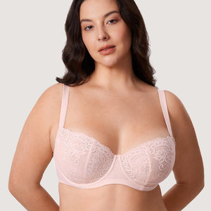 Side angle of light pink plus size bra showing semi-sheer mesh panels and underwire support - MissFine