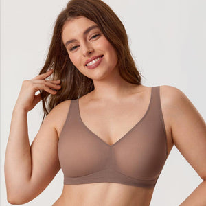 Front view of taupe plus size full coverage bra with V-neckline and wide straps - MissFine