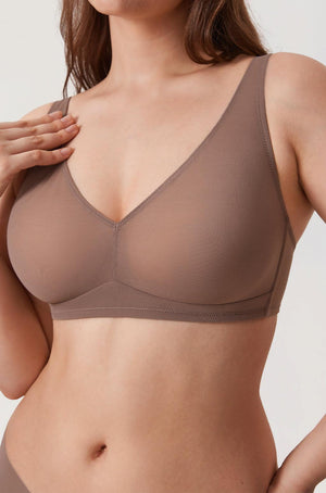 Back view of taupe bra showing wide support band, adjustable straps and hook back closure - MissFine