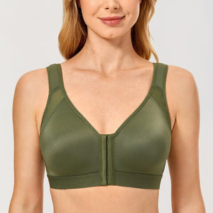 Front view of chive green wireless full coverage bra with zip-front closure - MissFine