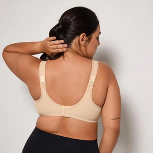 Side angle showing wide adjustable straps and smooth seamless cup profile for full bust - MissFine