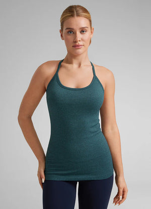 Front view of black ribbed seamless yoga tank with built-in sports bra and scoop neckline - MissFine