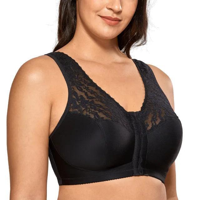 Side angle showing moulded cups and underwire support in black front closure bra - MissFine