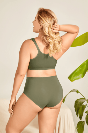 Back view of olive green plus size bra with smooth band and adjustable straps - MissFine