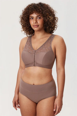 Close-up of front hook-and-eye closure on navy molded cup bra with floral lace trim detail - MissFine