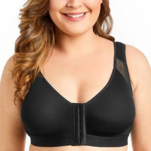 Front view of black plus size front-zip full coverage bra with molded cups - MissFine