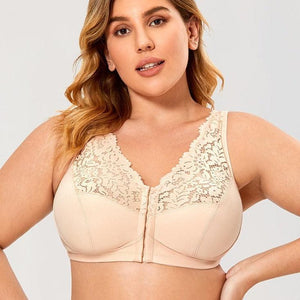 Front view of black full coverage bra with zip front closure and lace neckline - MissFine