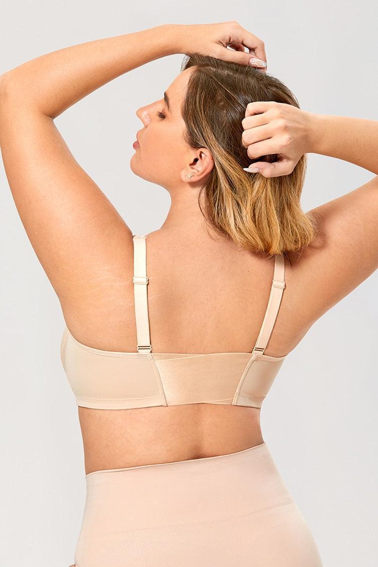 Side angle of plus size front closure bra showing wide adjustable straps - MissFine