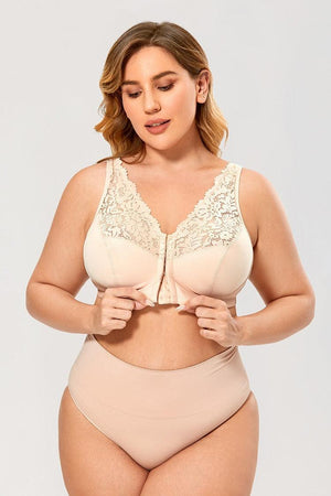 Back view of beige bra with hook-and-eye closure and smooth wide band - MissFine