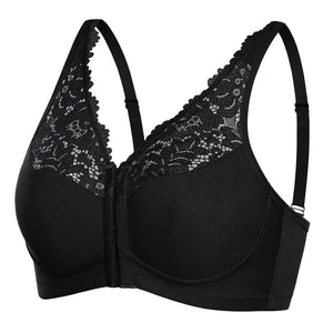 Close-up of molded cup and floral lace trim on full cup front zip bra - MissFine