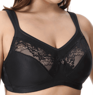 Close-up of lace inserts and center bow on black wireless full cup bra for plus size - MissFine
