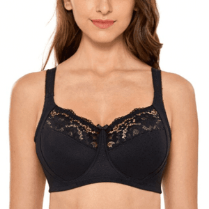 Front view of black non wired full cup plus size bra with lace trim - MissFine