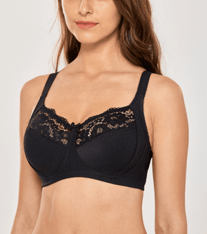Side angle of black full coverage non padded bra showing adjustable straps - MissFine