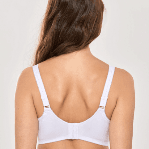 Side angle of white underwire full cup bra showing molded lightly padded cups and wide-set straps - MissFine