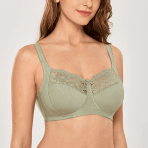 Side angle showing molded cups and wide adjustable straps on olive full coverage bra - MissFine