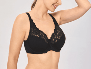 Close-up of lace trim along upper cups on black plus size full cup bra - MissFine