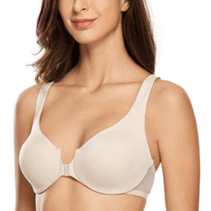 Front view of nude plus size front closure bra with seamless molded cups and wide straps - MissFine