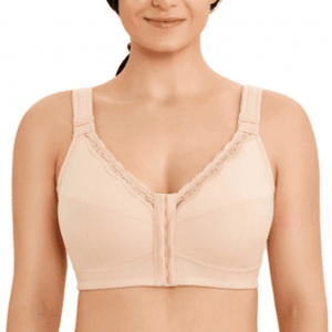 Front view of nude wireless full cup front closure plus size bra on mannequin - MissFine