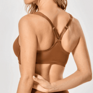 Back view of brown sports-style bra with racerback straps and seamless band - MissFine