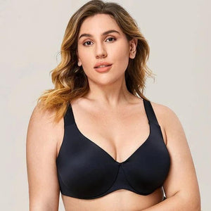 Front view of black wireless full coverage bra with molded cups on model - MissFine