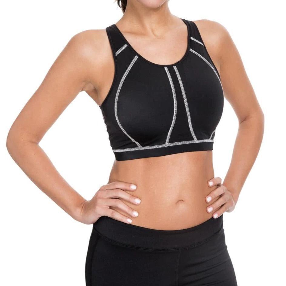 Side angle of white racerback sports bra showing molded cups and wide underband - MissFine