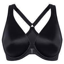 Angled close-up of front closure detail and underwire support on black molded cup bra - MissFine