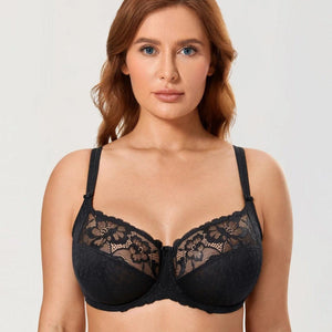 Front view of black lace full cup underwire bra with padded cups and adjustable straps - MissFine