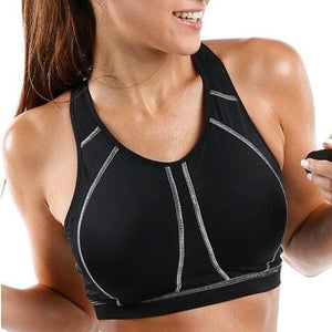 Front view of black plus size padded sports bra with high neckline and contrast stitching - MissFine