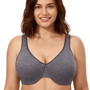 Front view of gray seamless full cup minimiser bra with adjustable straps and V-neckline - MissFine