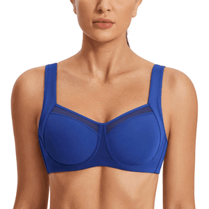 Front view of blue high support sports bra with molded full cups and underwire - MissFine