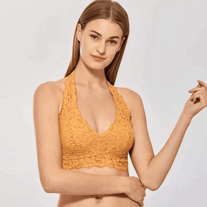 Close-up of floral lace overlay and lightly padded cups on strapless bandeau bra - MissFine