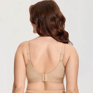 Back view of nude wireless bra with wide band and hook-and-eye closure - MissFine