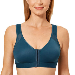 Front view of teal wire-free full cup bra with front zipper and mesh upper cups - MissFine