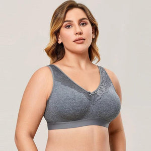 Side angle of gray full coverage bra showing soft unpadded cups and supportive band - MissFine