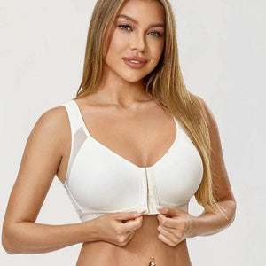 Front view blue front closure plus size bra with molded full coverage cups and wide straps - MissFine