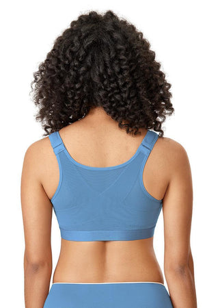 Back view blue X-shaped cross-back plus size bra highlighting posture support panels and wide straps - MissFine