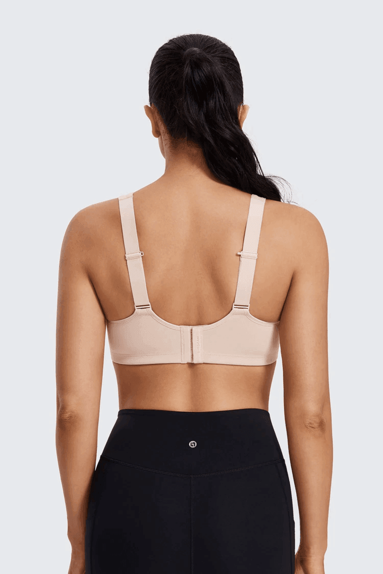 Front view of blue molded sports bra with full coverage cups and sweetheart neckline - MissFine