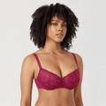 Front view of burgundy lace underwired plus size padded bra with molded full-coverage cups - MissFine