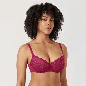 Front view of burgundy lace underwired plus size padded bra with molded full-coverage cups - MissFine