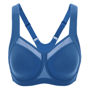 Side angle of blue underwire sports bra showing wide adjustable straps and breathable mesh panel - MissFine